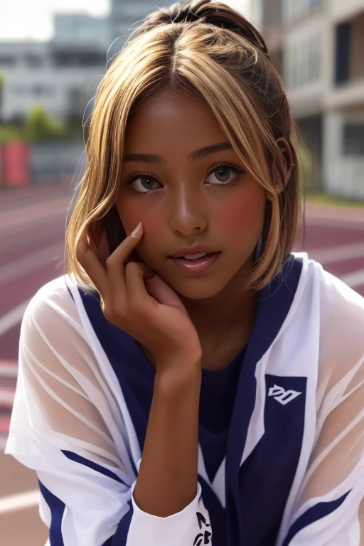 (((( one girl )))), Put your hand over your mouth、Beautiful breasts、 Brown eyes, ((Gal Hairstyles)) blonde, girl, (Eye and facial details:1.0), break, (masterpiece, Highest quality, Very detailed, Detailed face, 8k),( dark skin:1.9 ), (((( track and field uniform )))),( open mouth ),(((( 9歳 ))))