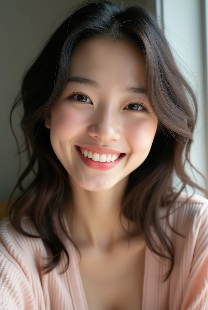 masterpiece,highest quality,(Japanese),((beautiful girl)),cleavage,(See-through),((Clothes that are close to the skin)),An expression that imagines something pleasant:1.2,(perfect body beauty:1.2),(shy smile),beautiful teeth,