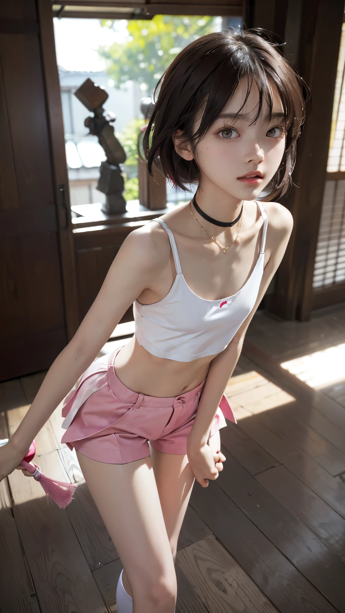 pink panties, Japanese, high school girls, (((flat chest))), (flat chest:1.1), Perfect Face, two girls, Beautiful big eyes, twins, Masterpiece, Best quality, offcial art, Extremely detailed Cg Unity 8K wallpaper, 2 girls, cute female, hair adornments, Short shorts, Crop top, Pantyhose, ribbon_choker necklace, leg belt, masterpiece, (((flat chest))), (flat chest:1.1), best quality, A-cup, Small breasts, detailed face, Thin legs, long legs, too long legs, Beautiful face, lovely, Cute twin girls, Long thin legs, thin thighs, High-resolution model, High detail, high quality, Very detailed, Ultra high definition, Textured skin, Anatomically correct, Anatomically correct, Ultra high definition, Very detailed, Textured skin,