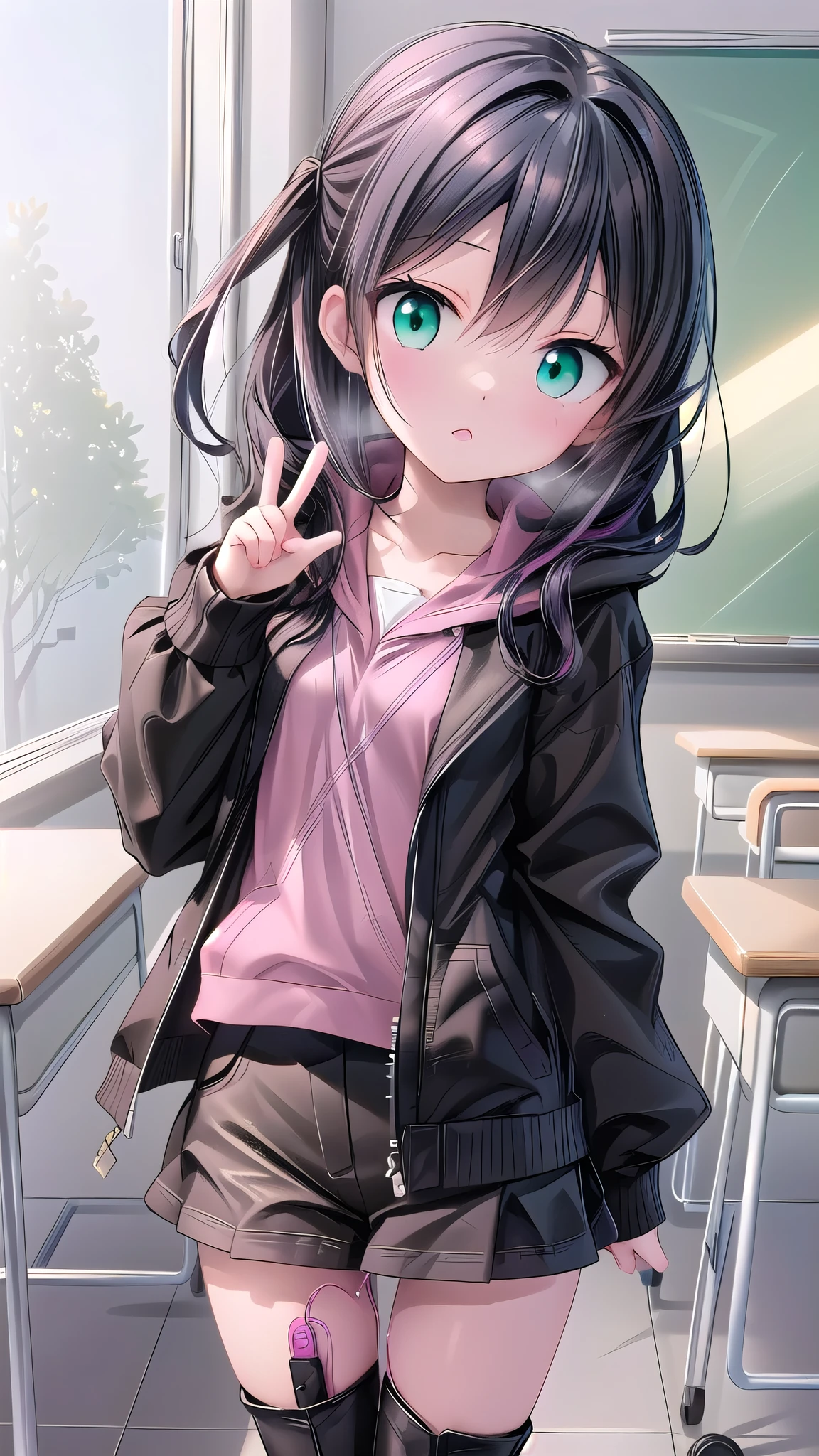 Anime Girl with black hair and green eyes making a peace sign, Goshintai, Anime Girl with teal hair, Anime style 4k, Anime cute art style, 2DAnime style, Best Anime 4K Konachan Wallpapers, Anime Characters, Anime atmosphere, an Anime Girl, Anime style, Night Core, (Anime Girl), Anime style肖像，hoodie，Black short hall scene，Black leather boots，Vibrator in thigh high stockings，Thigh vibrator，Shy，classroom