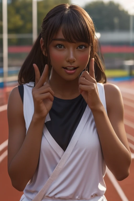 (((( one girl )))), Put your hand over your mouth、Beautiful breasts、 Brown eyes, ((Gal Hairstyles)) blonde, girl, (Eye and facial details:1.0), break, (masterpiece, Highest quality, Very detailed, Detailed face, 8k),( dark skin:1.9 ), (((( track and field uniform )))),( open mouth ),(((( 9歳 ))))