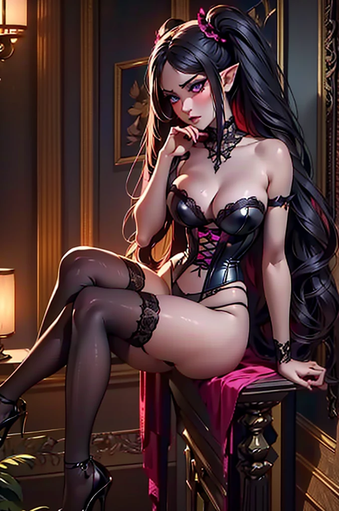 "A beautiful dark elf queen sitting seductively in an old, dimly lit house. She is adorned in a sexy, transparent lace corset with intricate patterns and matching lace transparent silk stockings with ribbons and patterns. Her high heels add to her allure, and her long twin tails cascade down her shoulders. She gazes erotically at the viewer from a high-angle perspective, exuding a seductive and captivating presence. The scene is beautifully detailed, capturing the erotic and mysterious essence of the dark elf queen."