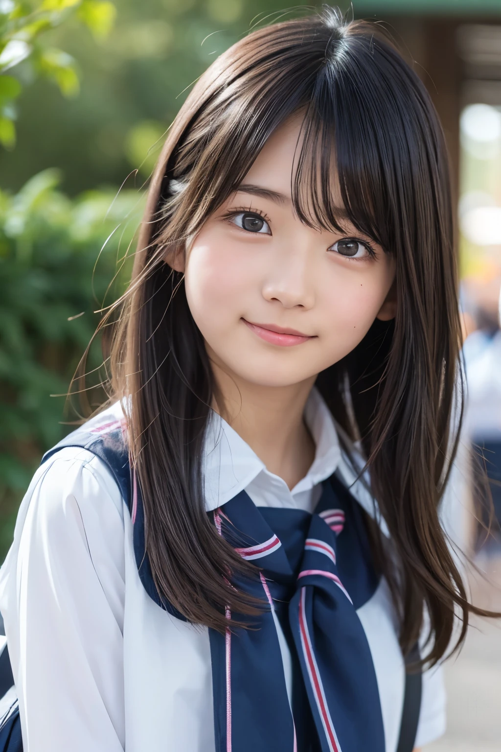 (Beautiful Japanese female), cute face, (deeply carved face:0.7), (freckles:0.6), soft light,healthy white skin, shy, (serious face), (sparkling eyes), thin, smile, uniform