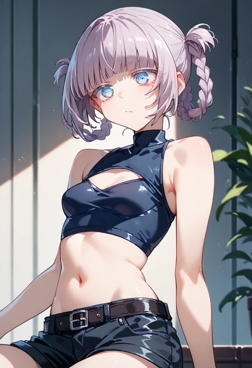 score_9, score_8_up, score_7_up, score_6_up, score_5_up, score_4_up, nazunaxl, purple hair, cleavage cutout, shorts, clothing cutout, crop top, sleeveless, turtleneck, navel, hair rings, blue eyes, black shorts, small breasts, braided hair rings, short shorts, belt, ringed eyes, short hair, blunt bangs