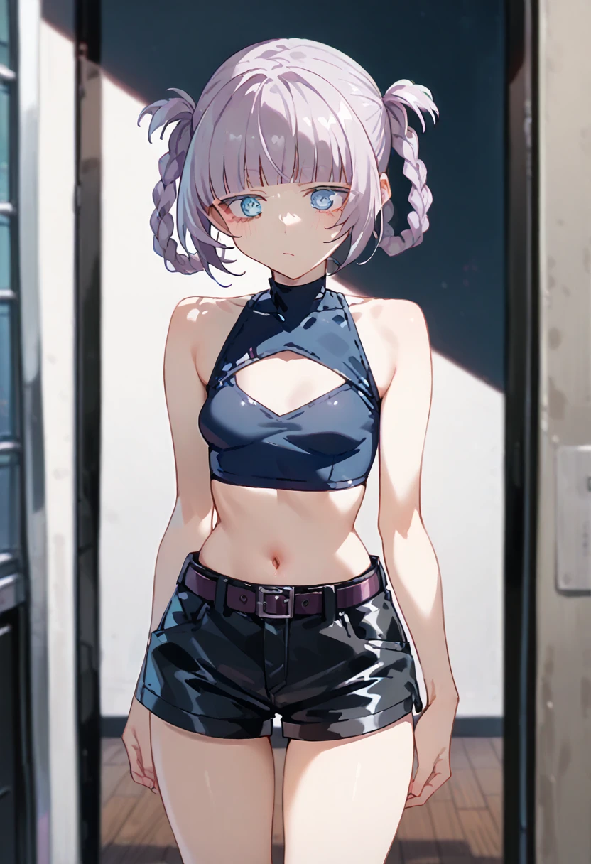 score_9, score_8_up, score_7_up, score_6_up, score_5_up, score_4_up, nazunaxl, purple hair, cleavage cutout, shorts, clothing cutout, crop top, sleeveless, turtleneck, navel, hair rings, blue eyes, black shorts, small breasts, braided hair rings, short shorts, belt, ringed eyes, short hair, blunt bangs