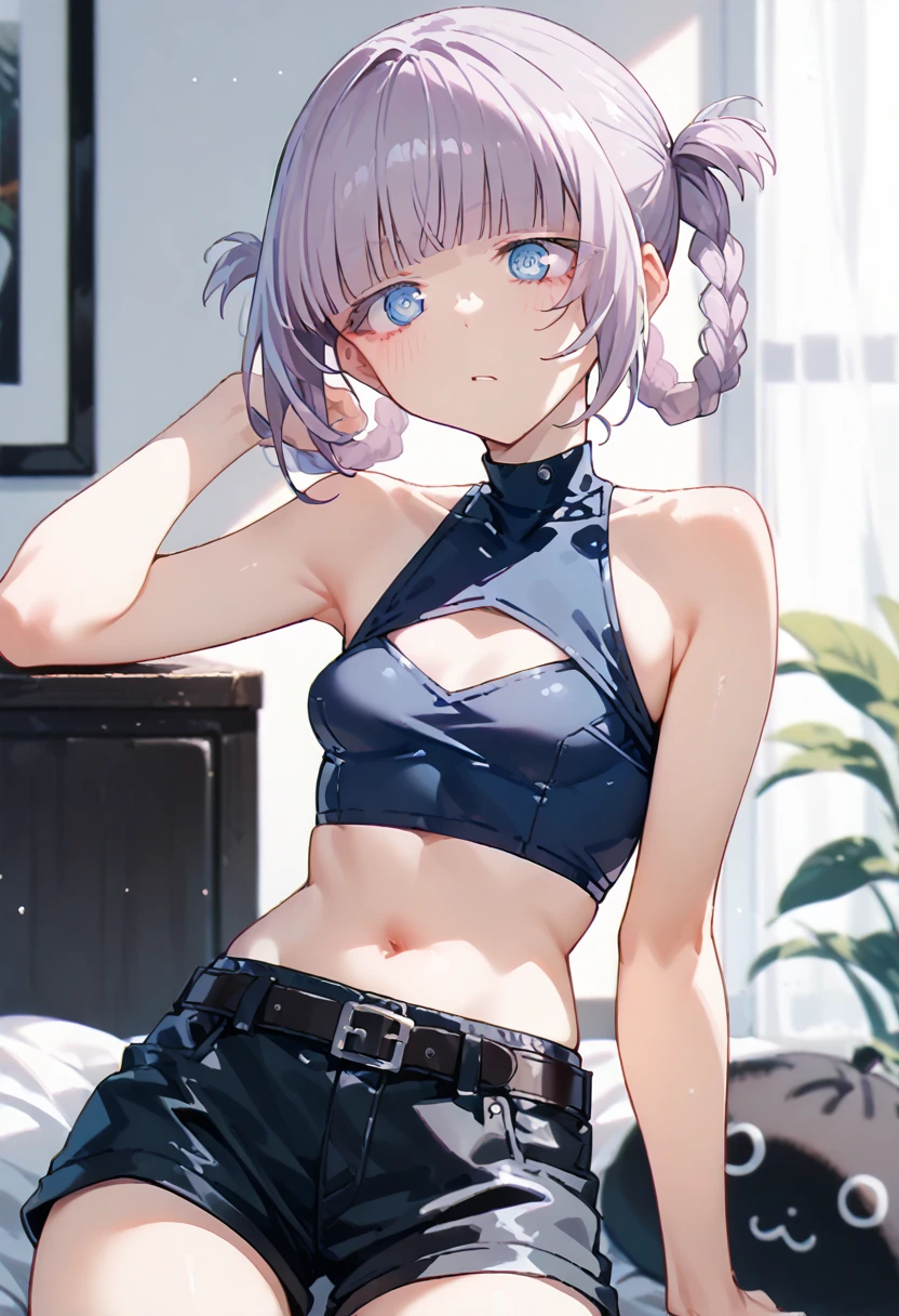 score_9, score_8_up, score_7_up, score_6_up, score_5_up, score_4_up, nazunaxl, purple hair, cleavage cutout, shorts, clothing cutout, crop top, sleeveless, turtleneck, navel, hair rings, blue eyes, black shorts, small breasts, braided hair rings, short shorts, belt, ringed eyes, short hair, blunt bangs