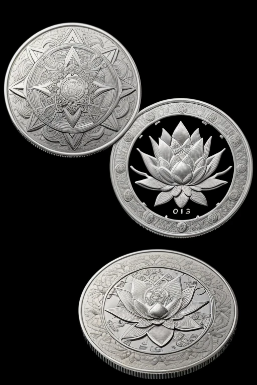 Highest quality、Sharp Art、Real、Realistic、detailed、Draw to the smallest detail、Silver、beautiful、(((One)Only silver coins are drawn.))、The silver coin has a lotus flower pattern、Shiny Silver Coin、Draw the whole silver coin、No background、