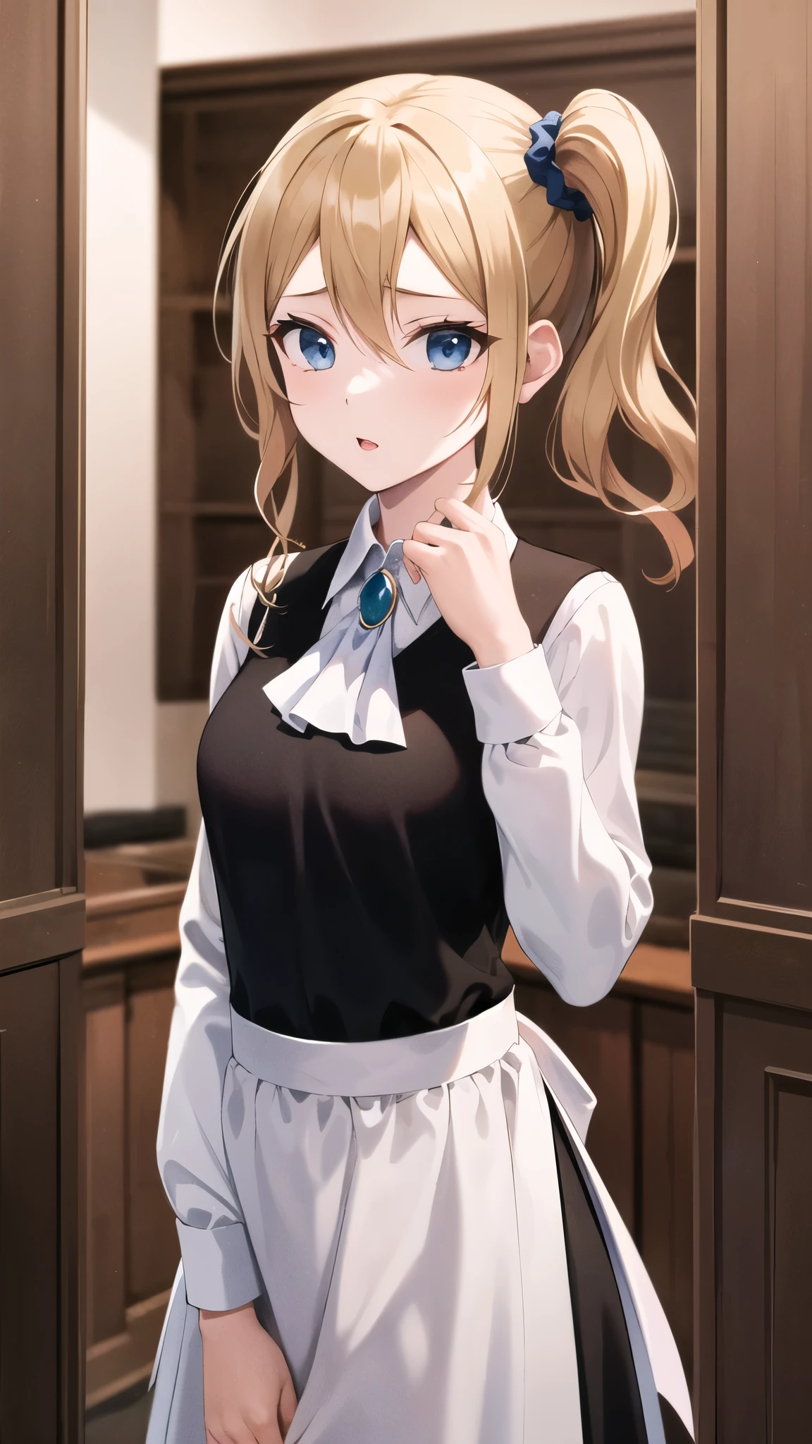 masterpiece, Highest quality, High resolution, Ah Hayasaka, Side Ponytail, Medium chest, Ascot, Collared shirt, Black vest, Long sleeve, Maid Apron, skirt, indoor, Are standing, Cowboy Cowboy Shots,