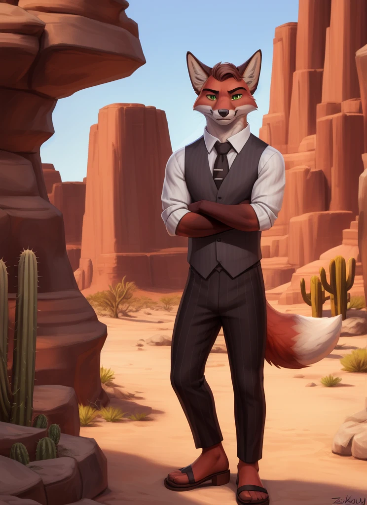 murdoch, green eyes, mature male, fox tail, (pose:1.3), (posing:1.3), (soft shading), 4k, hi res, ((detailed face, (detailed eyes:1.0), detailed)), (full body), by zackarry911, by zaush, (by personalami:0.5), looking at viewer, shirt, 1boy, white shirt, male focus, cowboy shot, necktie, striped, collared shirt, pants,sandals, vest, black pants, formal, crossed arms, black necktie, pinstripe pattern, grey vest, striped pants, desert, cactus