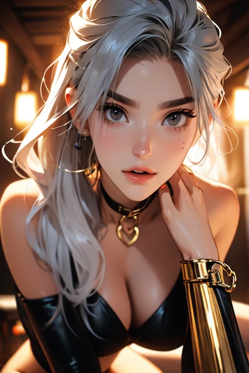 （lifelike， high - resolution：1.3）， 1 girl with a perfect body，slender body, Super fine face and eyes，assasin, dark makeup, shiny skin，white hair, (surrounded by monster, pig man), demons, beautiful captured girl, horror, dark, sexy, rough, , bdsm, golden chains, (golden leash), collar, beautiful bodies, slim, horror style, highly detailed faces, red silk underware, stockings, leather tight boots, closeup, (orc groping girl)