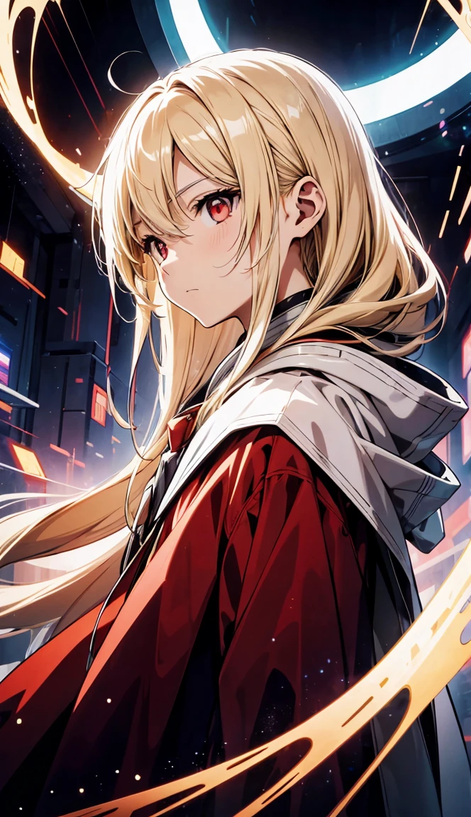 Confused, High resolution, (Official Art, beautifully、aesthetic:1.2), (Close a view:1.2), Front configuration, high quality、masterpiece、Blonde smooth long hair、Red eyes、one of the、alone、Shining Aura、Please wear a white robe and hood、Sparkling amber eyes　Background of the School of Magic