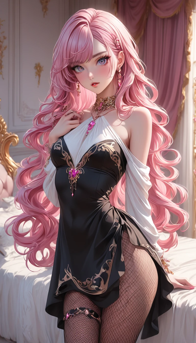 (butt), (bedroom), (Sexy Girls), masterpiece, best quality, 1 girl, Bangs, blush, Chest, clavicle, Danteidong, Eyebrows visible through hair, (Gradient pink hair), Jewelry, Long hair, Looking at the audience, Bright Eyes, ring, (solitary), illustration, fashionable, miss, Strike a pose, background, element, confident, Express, Accessories, majestic, striking, key point, Dynamic poses, ((Skinny)), (Fishnet stockings))