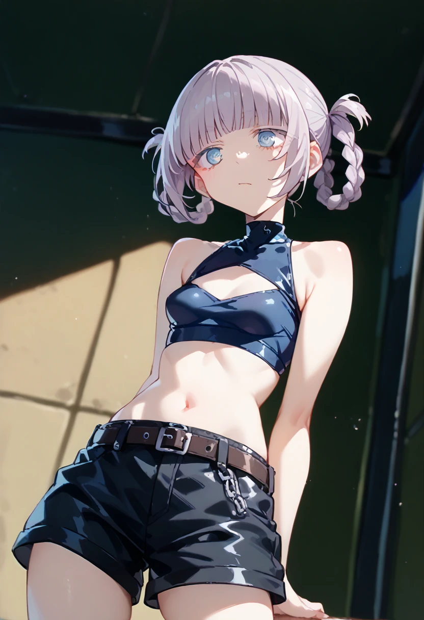 score_9, score_8_up, score_7_up, score_6_up, score_5_up, score_4_up, nazunaxl, purple hair, cleavage cutout, shorts, clothing cutout, crop top, sleeveless, turtleneck, navel, hair rings, blue eyes, black shorts, small breasts, braided hair rings, short shorts, belt, ringed eyes, short hair, blunt bangs,bare breast