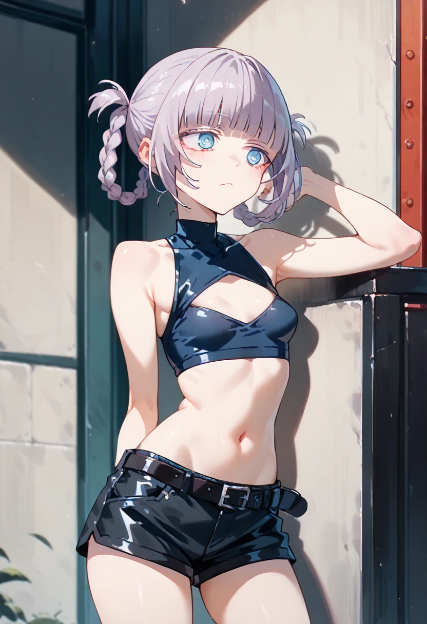 score_9, score_8_up, score_7_up, score_6_up, score_5_up, score_4_up, nazunaxl, purple hair, cleavage cutout, shorts, clothing cutout, crop top, sleeveless, turtleneck, navel, hair rings, blue eyes, black shorts, small breasts, braided hair rings, short shorts, belt, ringed eyes, short hair, blunt bangs,bare breast