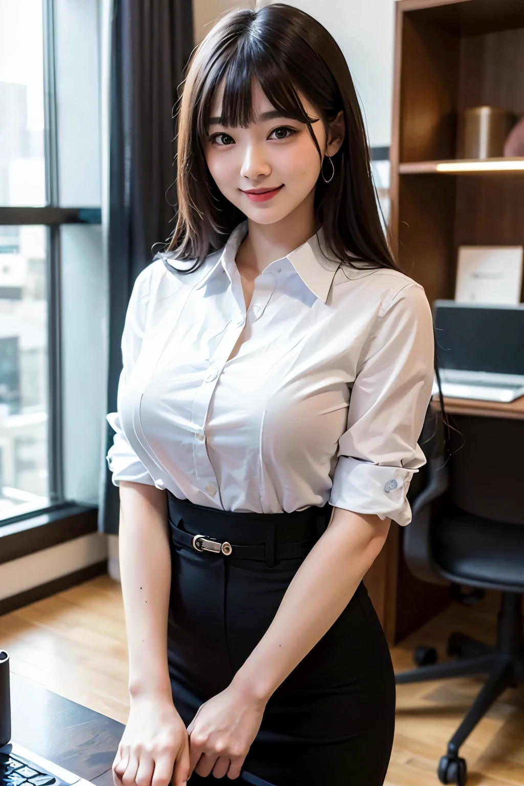 Arafed asian woman in a white shirt and black skirt standing in front