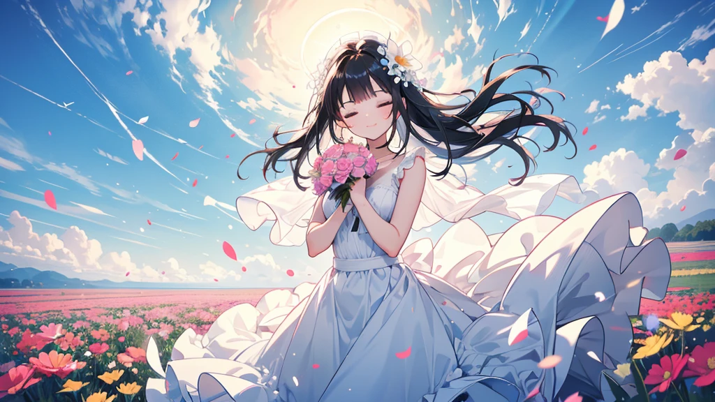 Girl, black hair, eyes closed, pure white wedding dress, bouquet in hand, blue sky, colorful flower field, flower storm, wind, whole body reflection