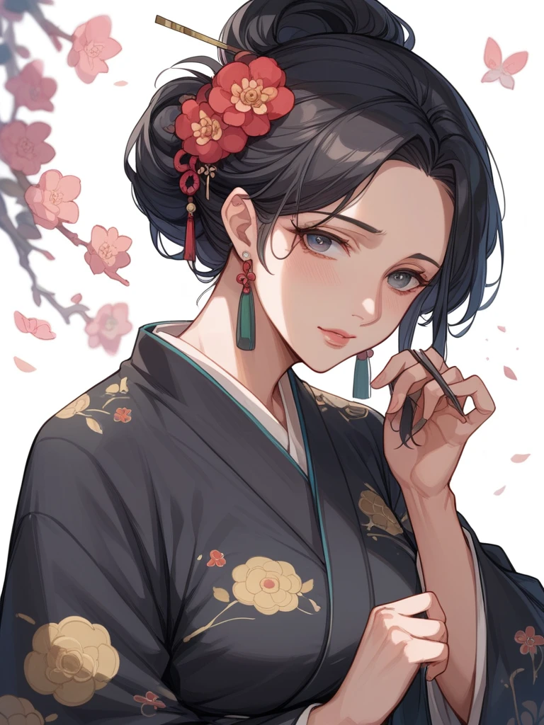 Black kimono with Japanese pattern、(Mature Woman:1.4)、Poison Woman、50 years old、Alluring expression、Black Hair、Updo、Married women、(Sticking out one&#39;s tongue obscenely:1.5)、Japanese-style room、From above、View here、Making circles with your fingers、Upper body image