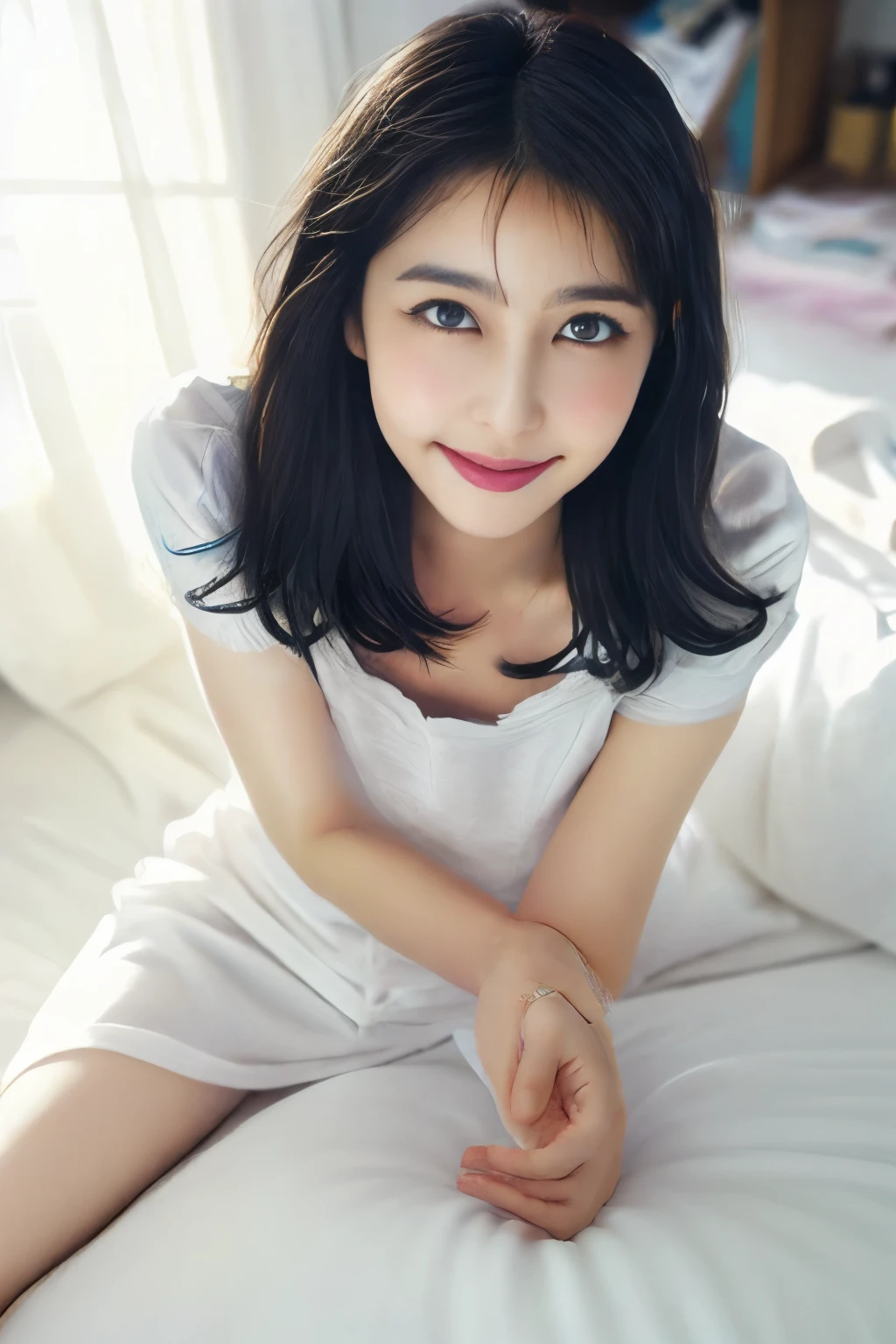 ４０age、Some wrinkles on the face、Beautiful Detail Girl、short hair、Brown Hair、Dim lighting、Gargari body、 (Flat Chest)、Wide chest camisole、Beautiful feet、A radiant smile、Big eyes、(Baby Face)、Looking into the camera、Leaning forward、