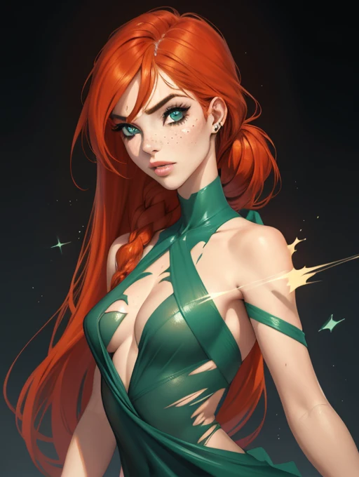 Simplicity and sophistication, shiny skin, green eyes, large breasts, (long red ponytail), freckles, miss fortune, mary jane watson, girl giving blowjob, sexual girl, slutty