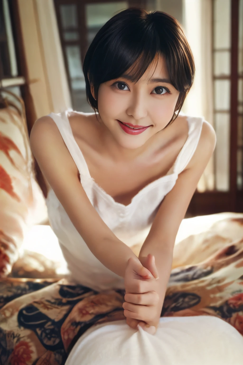 ４０age、Some wrinkles on the face、Beautiful Detail Girl、short hair、Brown Hair、Dim lighting、Gargari body、 (Flat Chest)、Wide chest camisole、Beautiful feet、A radiant smile、Big eyes、(Baby Face)、Looking into the camera、Leaning forward、