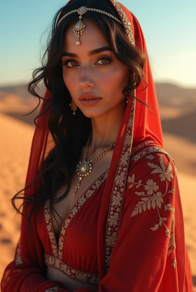 ((Ouarzazate in background)), photo of alluring Abigail beautiful woman sparkling splashing rainbows, ((bright eyes)), super long braids, glistening, dripping exotic jewelry, iridescent, hooded abaya (masterpiece) (best quality) (detailed) (8k) (HDR) (wallpaper) (cinematic lighting) (sharp focus) (intricate)