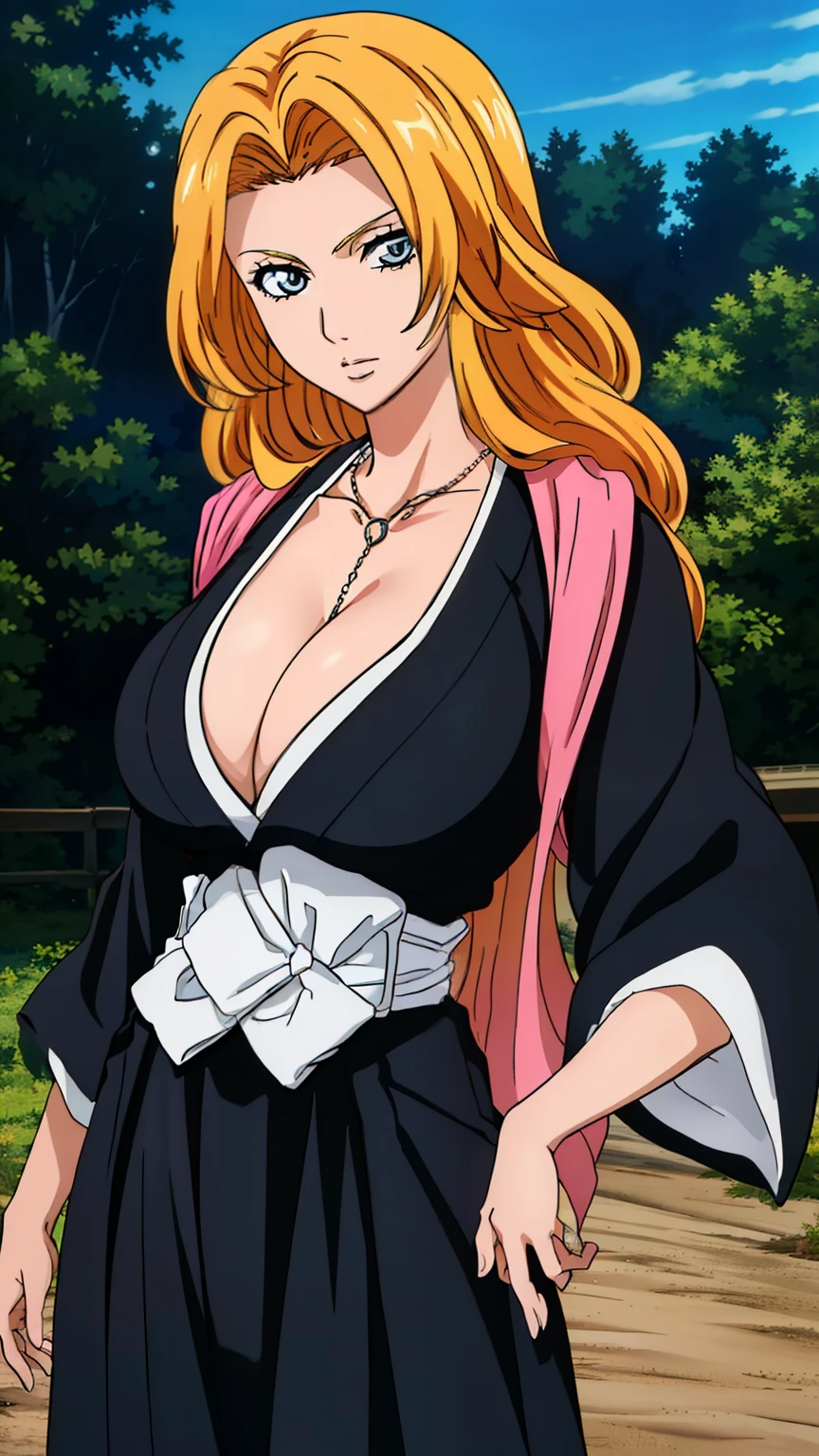 (masterpiece, best quality, 8k:1.2) anime coloring, sexy pose, (Black shirt, kimono, kimono, waist belt, collarbone, cleavage, jewelry, necklace), blue eyes, blonde hair, bangs, long hair, one girl, 20 years old, young woman, beautiful fingers, beautiful long legs, beautiful body, beautiful nose, beautiful character design, perfect eyes, perfect face, expressive eyes, perfect balance, looking at the viewer, mouth closed, (innocent big eyes:1.0), official art, highly detailed CG unity 8k wallpaper, perfect lighting, colorful, bright front lighting, white skin, ultra high resolution, ultra detailed, 8K, HDR, high resolution, (absurd:1.2), Kodak Portra 400, film grain, lens flare, (vibrant colors:1.2), professional photography, (beautiful, big breasts:1.2), (beautiful face:1.3), (thin waist), (Cowboy shot:1.5)