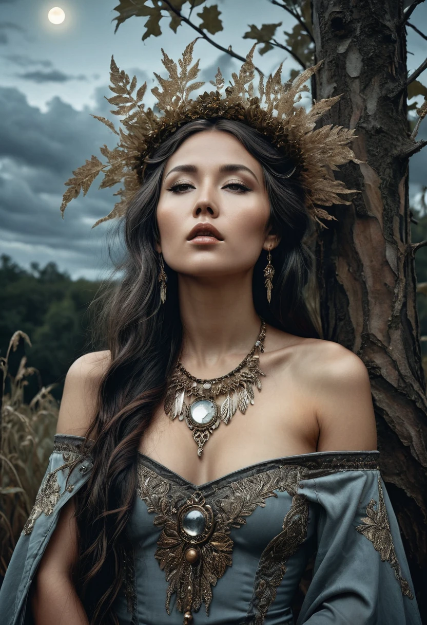 Full portrait, (Full body), Realistic, Photorealistic, analog photo, Highly detailed, cinematic rendering, Wild Dead Forest, evening, Naked asian woman, moon goddess, wearing crown of grass, Bohemian style necklace, Bohemian style bracelet, Bohemian style jewelry, Naked, Leaning back in a tree and looking up at the grey cloudy sky, (long dark hair), Black leaves float in the air, Behold, the glittering particles flutter, classical painting composition, Dark gloomy background, An atmosphere of melancholy and sadness, surreal photo, by Alphonse Mucha, detailed perfect face, Melancholic eyes, Faded colors, cinematic  composition