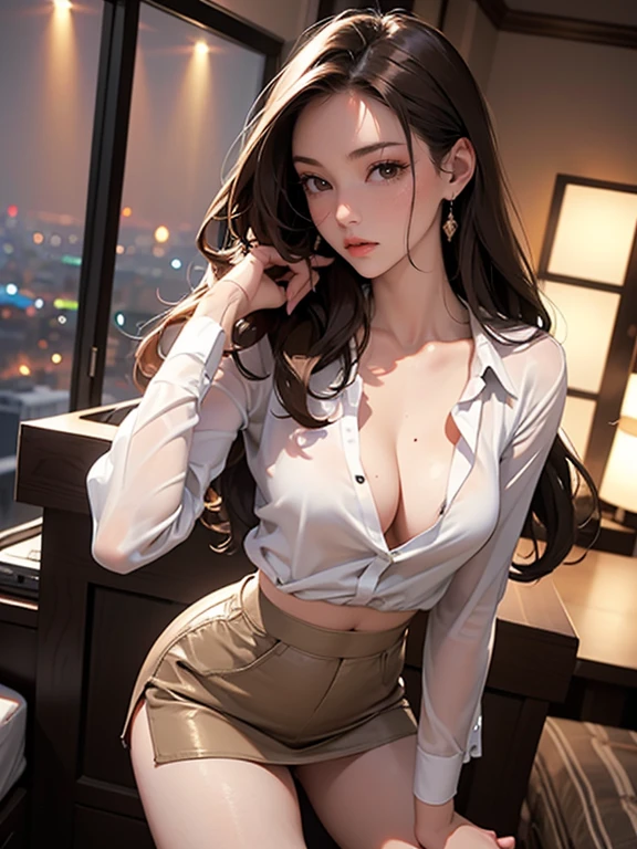 Highest quality、Complete limbs、Full Finger、One cool and beautiful woman,Mole under the eye、Long, upturned eyes、Sweat、Slender beauty、Straight long hair、Brown Hair、((shirt、Tight mini skirt、Very thin))、Cleavage、White Pantyhose、(Room with a city night view)、(Sexy pose:1.5)、A little sexually attractive body、It&#39;s an angry look。