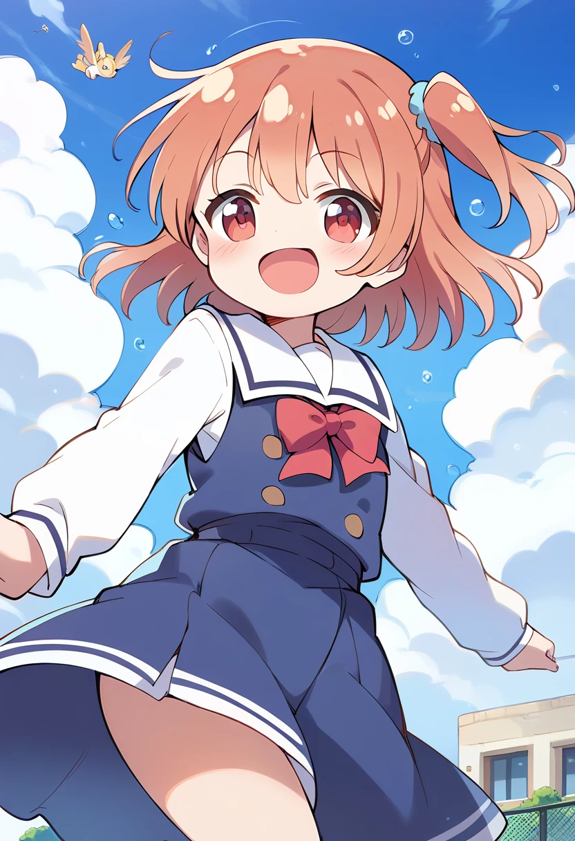 1girl, 独奏, hinata, one side up, blue dress, white sailor collar, white long sleeves, red bow, happy, blush, indoors, looking at viewer, masterpiece, Highest quality, High resolution, sky diving, cute woman flight in the cloud, cloud, flight, fun, smile, shout, Big Jump, fall, Wide Shot, Dynamic Angle,