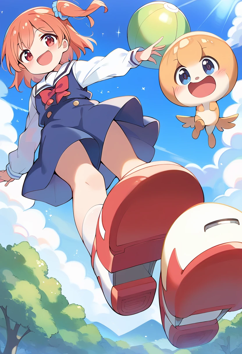 1girl, 独奏, hinata, one side up, blue dress, white sailor collar, white long sleeves, red bow, happy, blush, indoors, looking at viewer, masterpiece, Highest quality, High resolution, sky diving, cute woman flight in the cloud, cloud, flight, fun, smile, shout, Big Jump, fall, Wide Shot, Dynamic Angle,