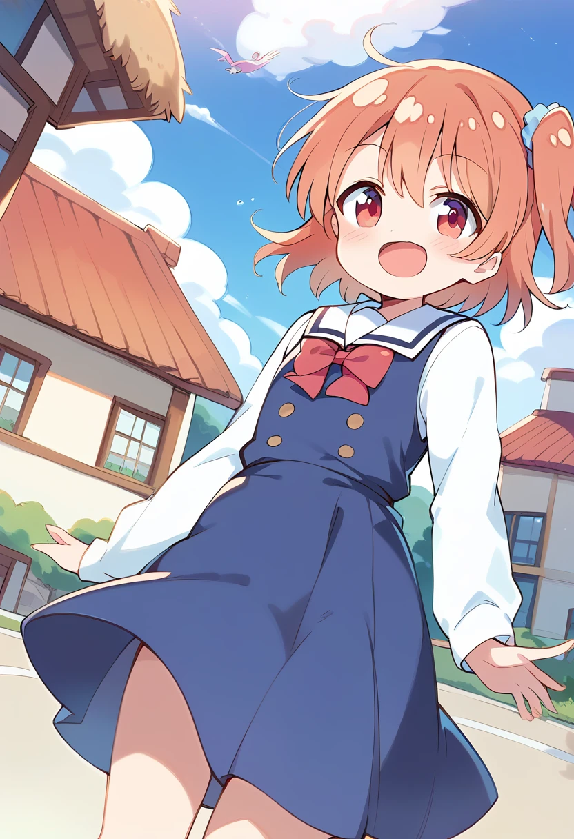 1girl, 独奏, hinata, one side up, blue dress, white sailor collar, white long sleeves, red bow, happy, blush, indoors, looking at viewer, masterpiece, Highest quality, High resolution, sky diving, cute woman flight in the cloud, cloud, flight, fun, smile, shout, Big Jump, fall, Wide Shot, Dynamic Angle,