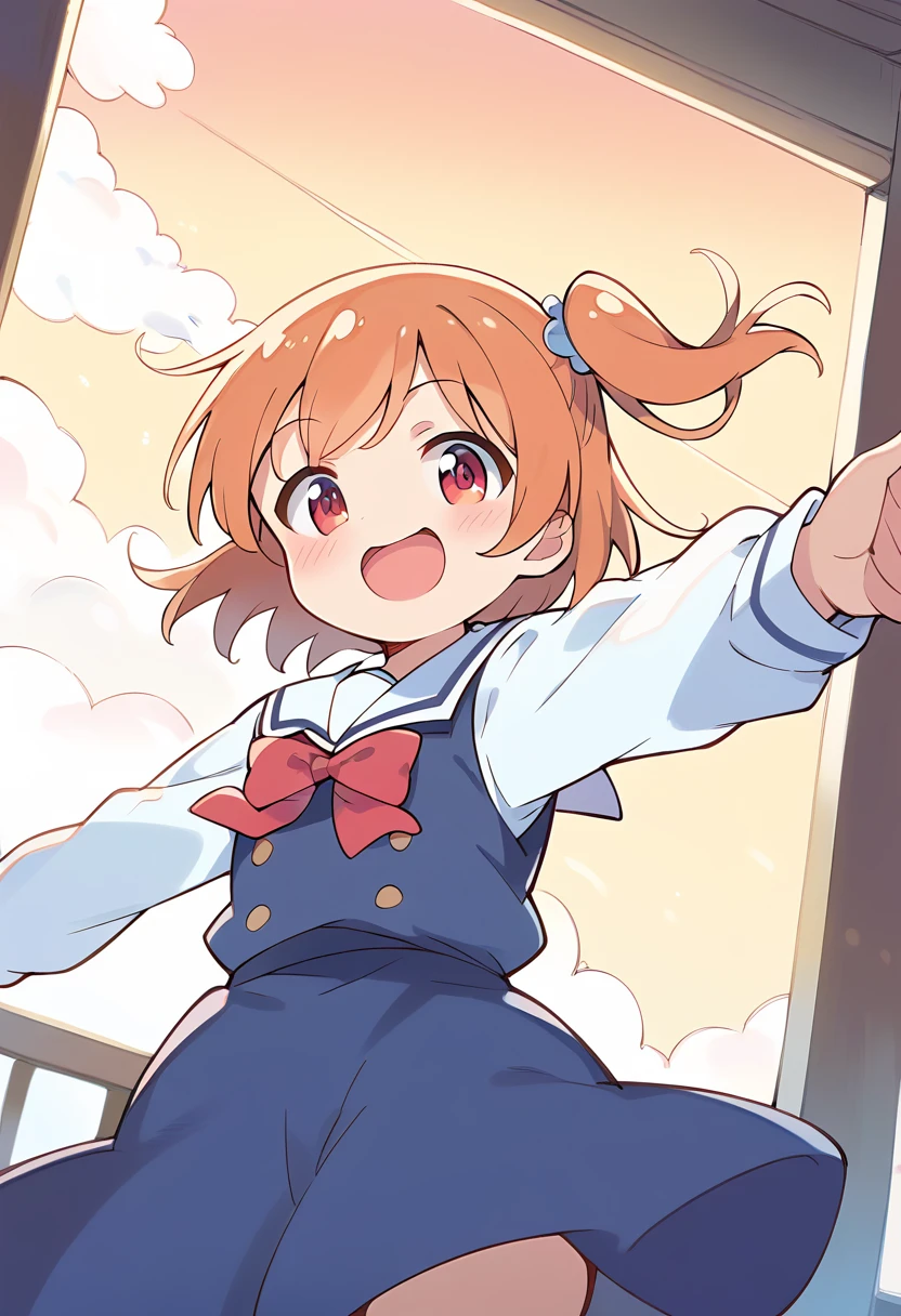 1girl, 独奏, hinata, one side up, blue dress, white sailor collar, white long sleeves, red bow, happy, blush, indoors, looking at viewer, masterpiece, Highest quality, High resolution, sky diving, cute woman flight in the cloud, cloud, flight, fun, smile, shout, Big Jump, fall, Wide Shot, Dynamic Angle,