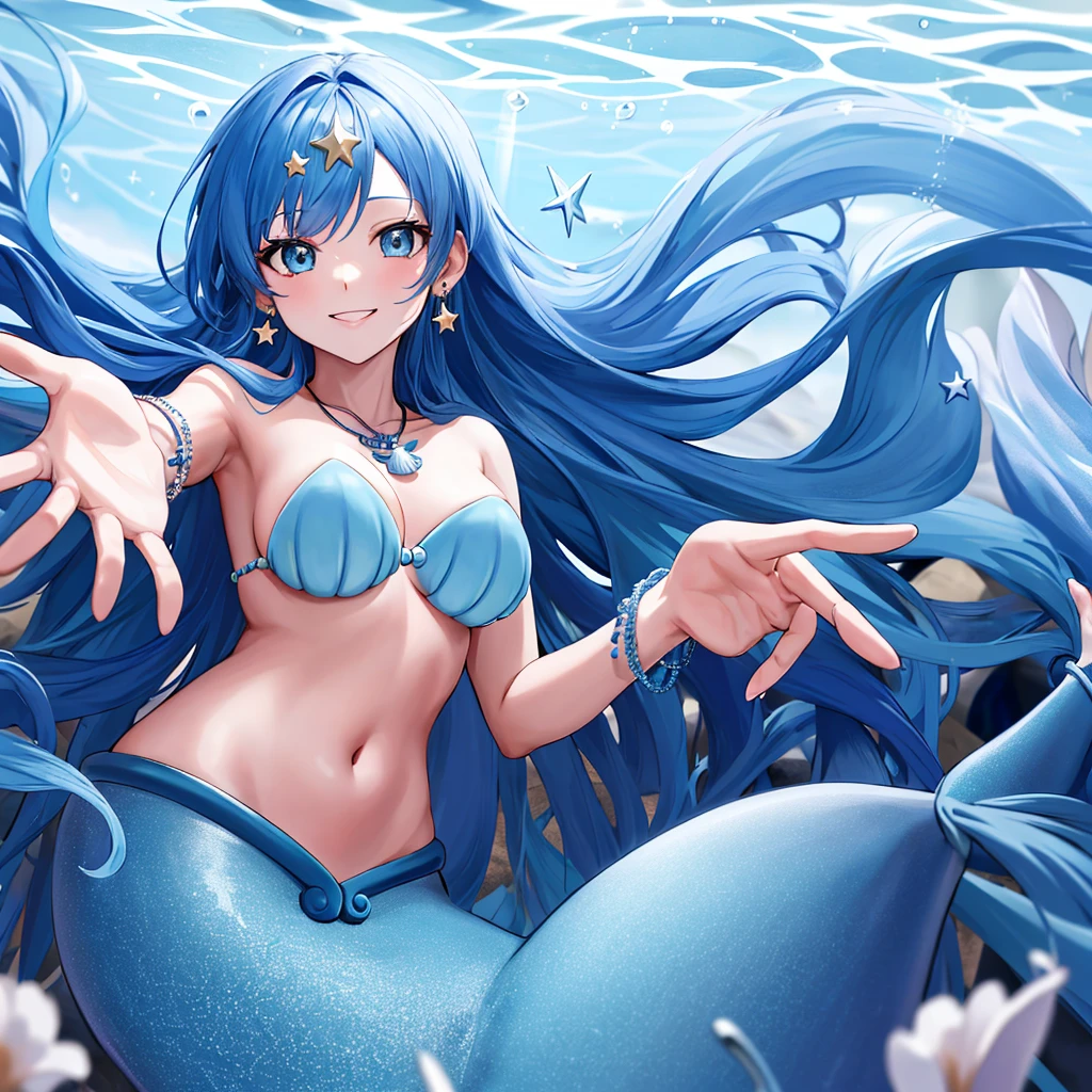 masterpiece, best quality, highres, ho1, blue hair, long hair, star (symbol), necklace, earrings, star hair ornament, mermaid, shell bikini, bracelet, underwater, smile, reaching out, spread arms, 