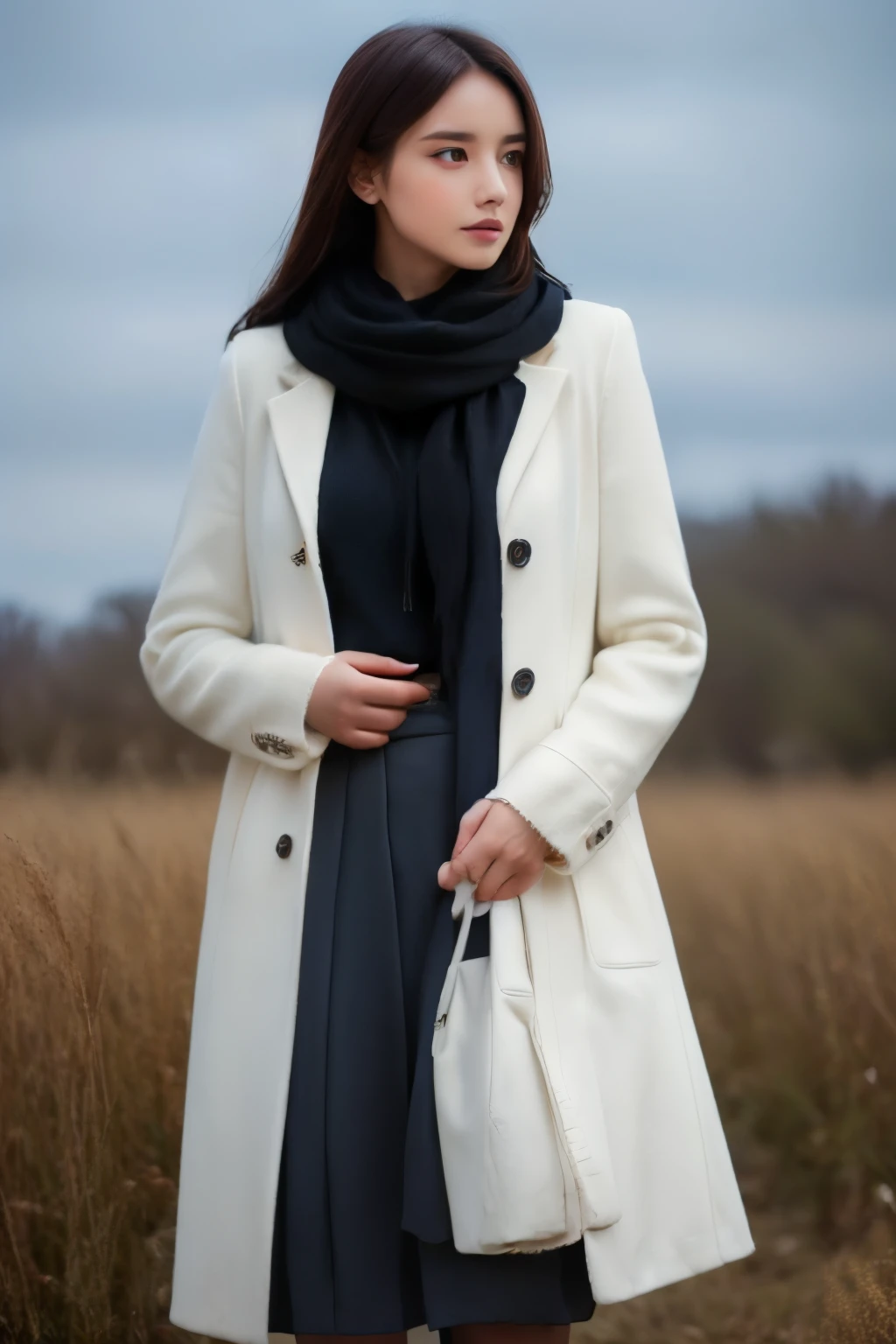8K, best quality, masterpiece, realistic, ultra detail, photo realistic, Increase quality, a photo of a girl standing in a field wearing a tailored coat with a scarf and a black tailored maxi skirt ,(( in the style of dark and brooding designer, voluminous mass)), photobash, serene faces, jagged edges, natural beauty,