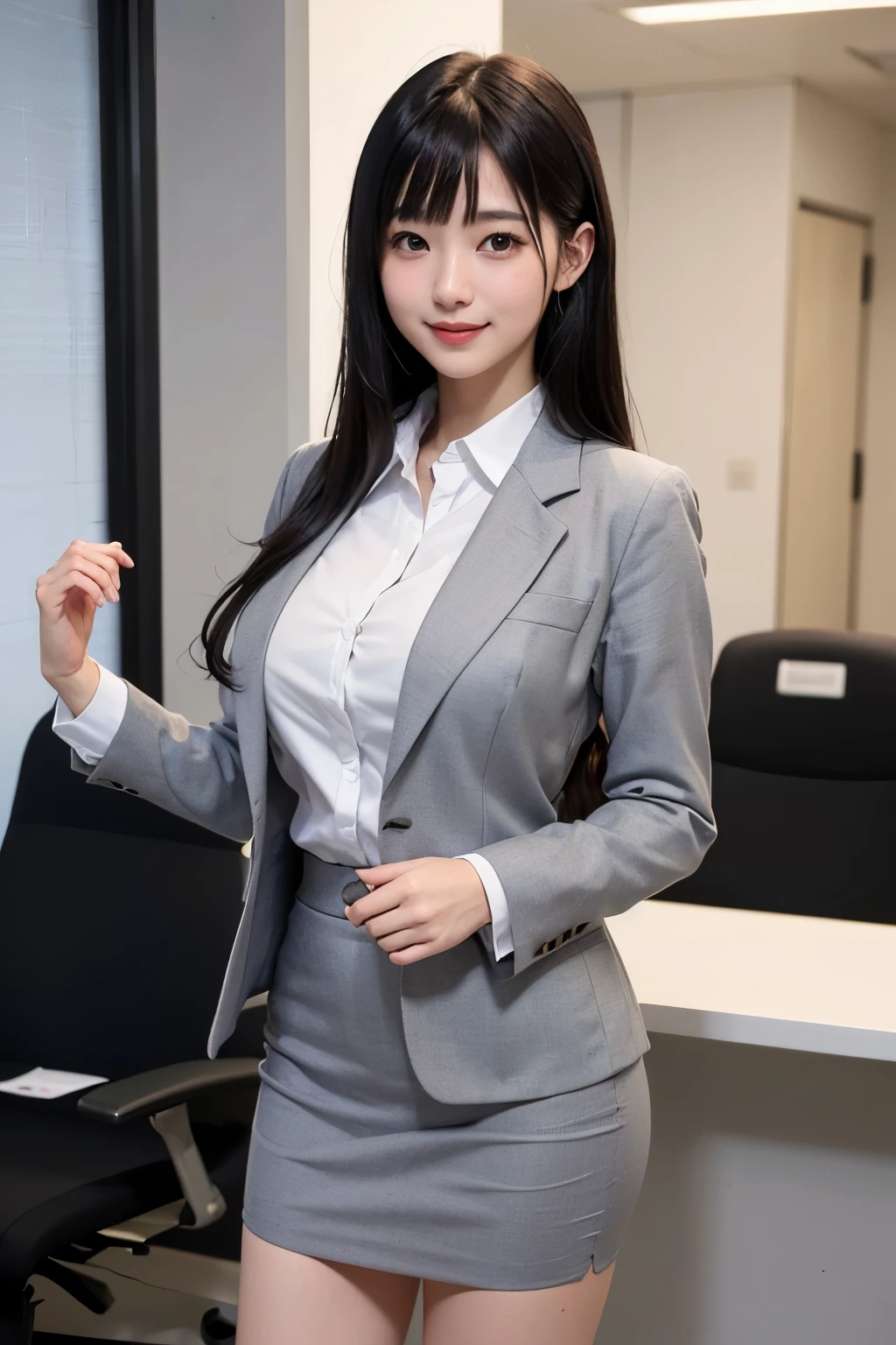 Anime - style image of woman in business suit standing in office, Office Clothes, Smooth Anime CG Art, Back Pose, Wearing a strict business suit, digital anime art, digital anime illustration, Work clothes, high detailed official artwork, Detailed Digital Anime Art, Official art, cushart krenz key art feminine, visual novel cg, makoto shinka