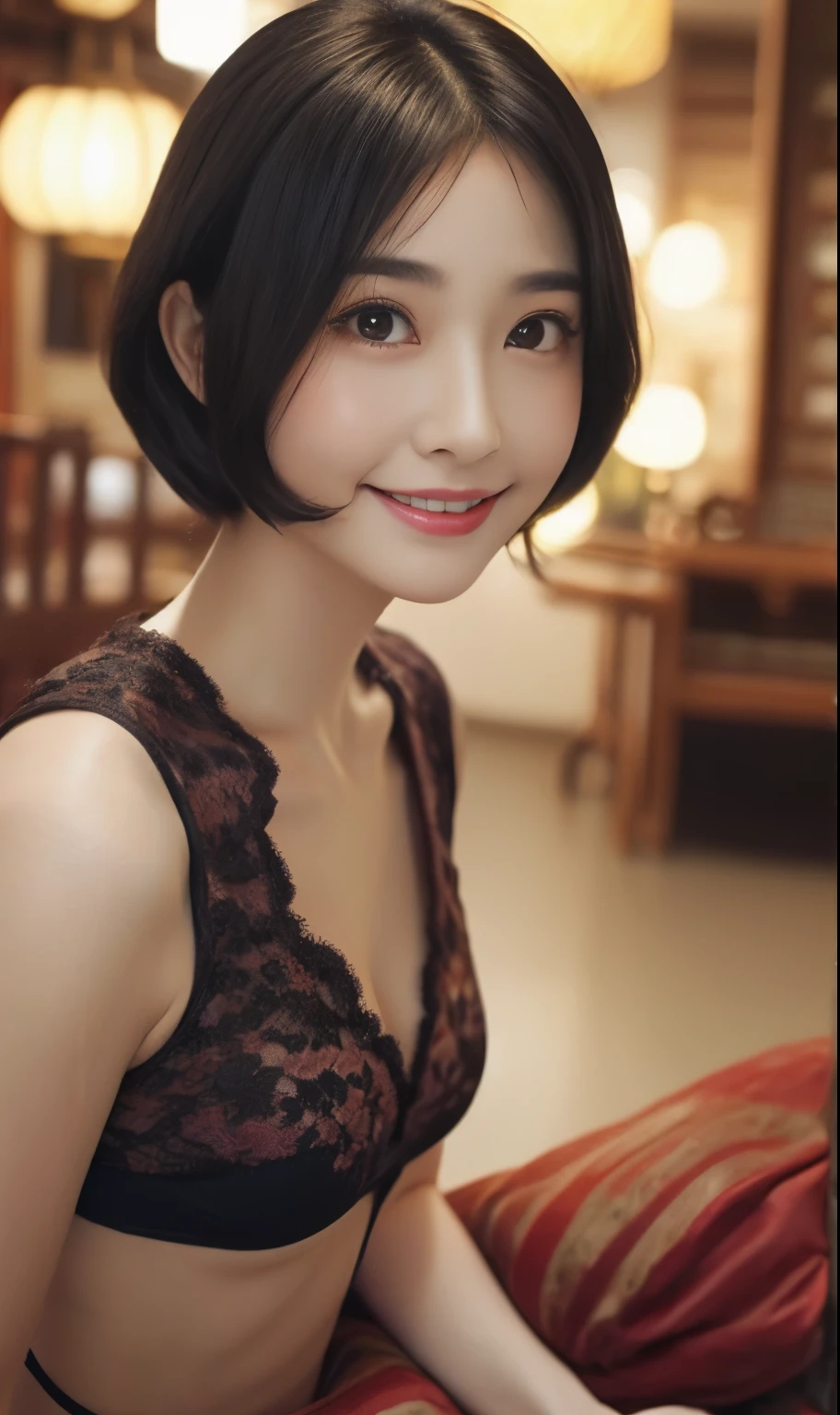 ４０age、Some wrinkles on the face、Beautiful Detail Girl、short hair、Brown Hair、Dim lighting、Gargari body、 (Flat Chest)、Black bra and black panties、Beautiful feet、A radiant smile、Big eyes、(Baby Face)、Looking into the camera、Leaning forward、