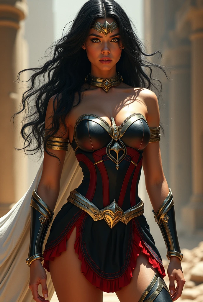 A beautiful woman Adriana Lima under the mantle of the Eutopia warrior Zarda Shelton aka power Princes is a tall Caucasian woman who has a muscular body, Straight, brown hair to the lower back that's kept in a braid, Wide and ripped shoulders, Toned stomach and long, muscular legs, she wears a purple leather jumpsuit that is very tight to her body and highlights her curves through her superheroine costume.. She also wears a gladiator-style helmet that covers her face, excluding her eyes and mouth with a curved leaf on top silver colored choker on her neck Wonder Woman 84 Movie