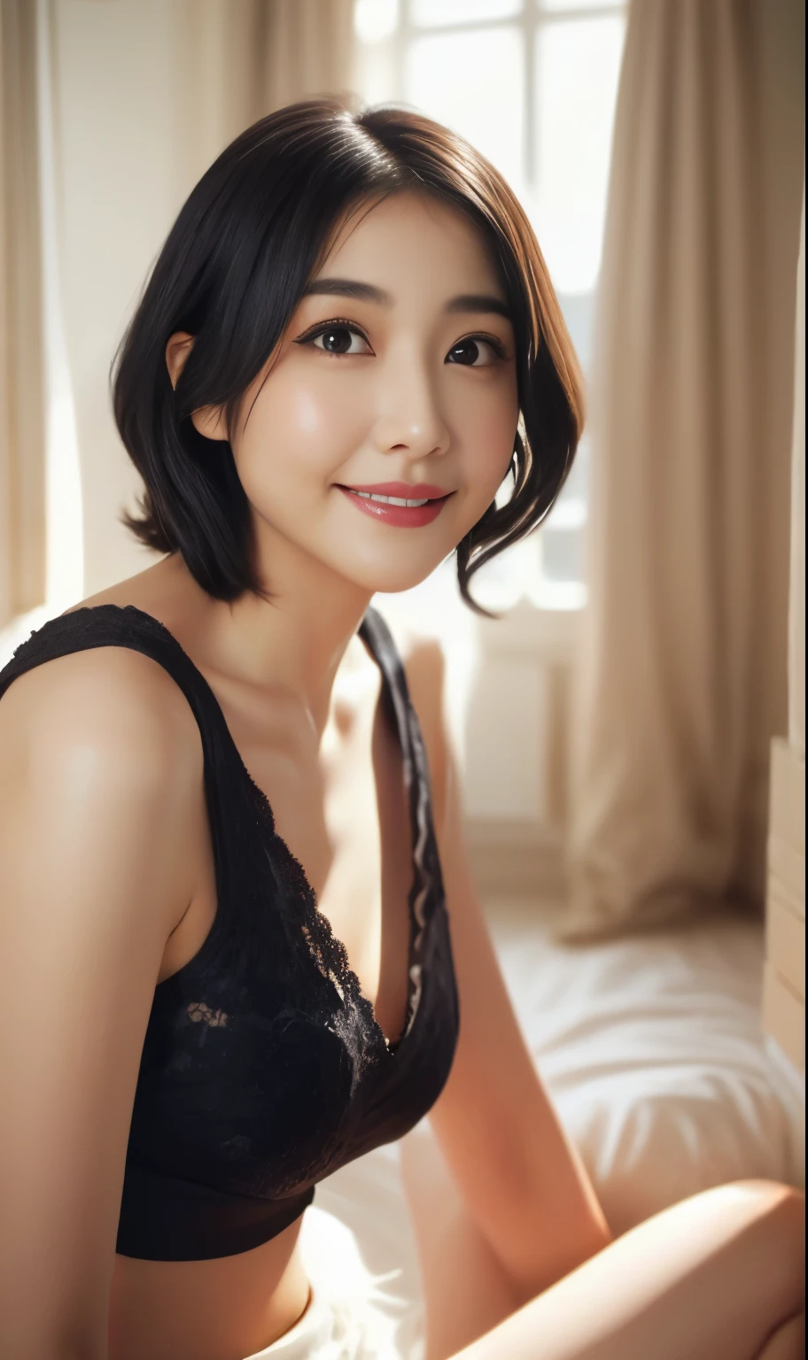 ４０age、Some wrinkles on the face、Beautiful Detail Girl、short hair、Brown Hair、Dim lighting、Gargari body、 (Flat Chest)、Black bra and black panties、Beautiful feet、A radiant smile、Big eyes、(Baby Face)、Looking into the camera、Leaning forward、