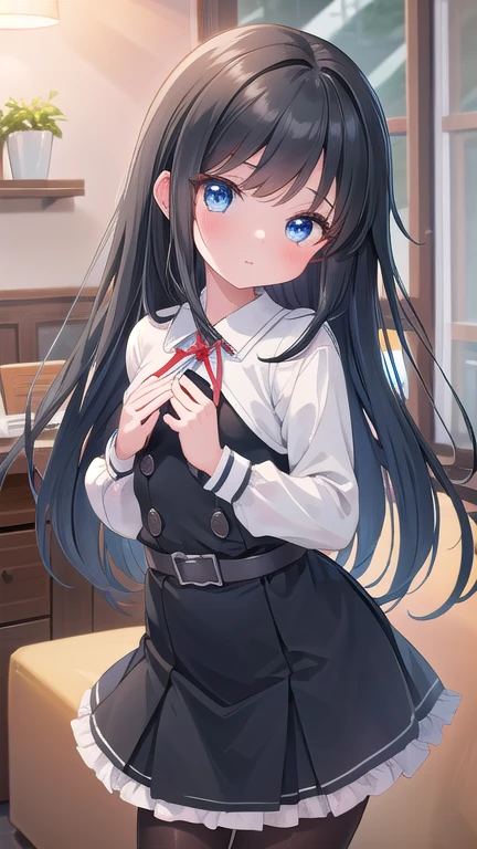 Beautiful illustrations、(masterpiece、Highest quality、8k ), (Beautiful details), Highly detailed face, Perfect lighting, Extremely detailed CG, (Perfect hands, Perfect Anatomy), 1 cute girl,Girl, Black Hair,Straight hair, length, blue eyes, Small breasts、、white shirt, black dress, pinafore dress, neck ribbon, long sleeves, black pantyhose, belt、A pose that attracts men、