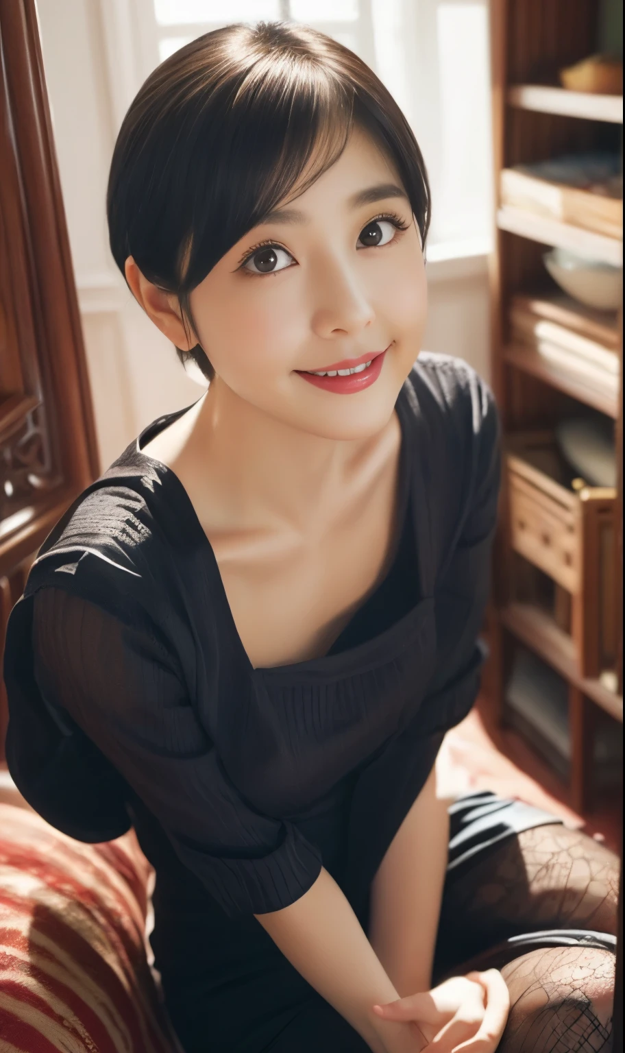 ４０age、Some wrinkles on the face、Beautiful Detail Girl、short hair、Brown Hair、Dim lighting、Gargari body、 (Flat Chest)、Black bra and black panties、Beautiful feet、A radiant smile、Big eyes、(Baby Face)、Looking into the camera、Leaning forward、