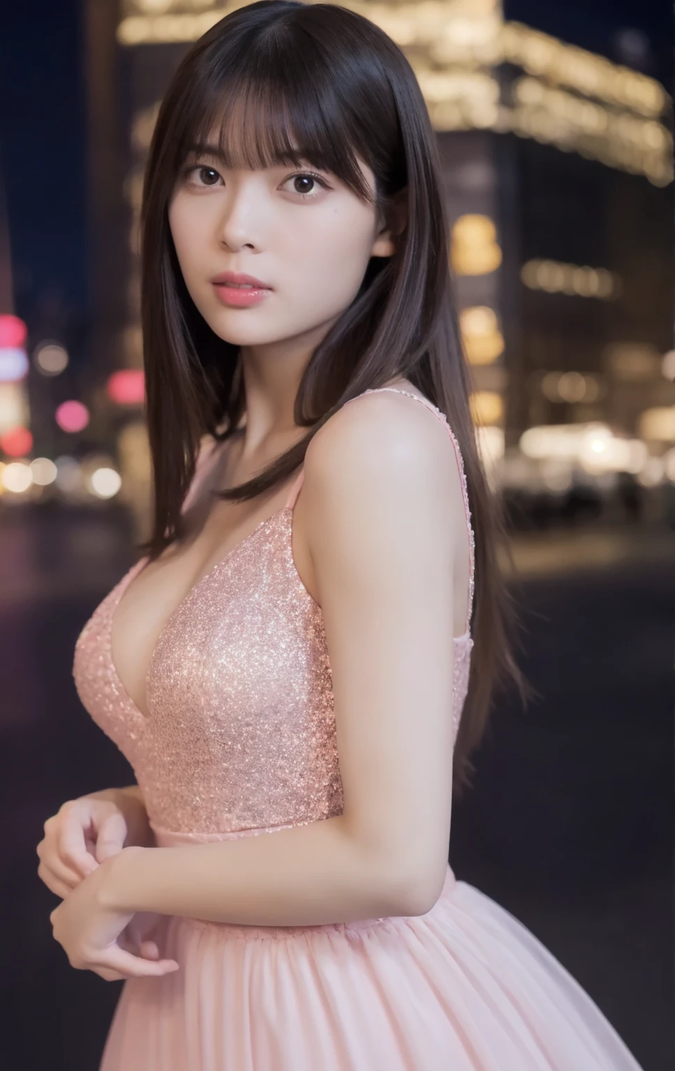 1girl,(wearing a micro pink glittery evening dress:1.2),(RAW photo, best quality), (realistic, photo-realistic:1.4), masterpiece, an extremely delicate and beautiful, extremely detailed, 2k wallpaper, Amazing, finely detail, extremely detailed CG unity 8k wallpaper, ultra-detailed, highres, soft light, beautiful detailed girl, extremely detailed eyes and face, beautiful detailed nose, beautiful detailed eyes,cinematic lighting,city lights at night,perfect anatomy,slender body,(long hair with bangs), big breast, full body:1.4, breast