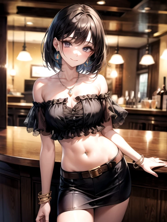 High resolution、off shoulder、real skin、big earrings、necklace、cowboy shot、off shoulder、((Very close to the audience))、((Viewers are welcomed with open arms.))、Waiting for a hug、shy、embarrassing、slender body、very small breasts、delicate body、At a bar with a nice atmosphere、Tier Grants、((One eye is covered by hair))、sharp eyes