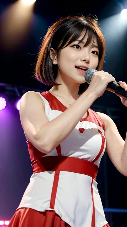 Japan Girl、ar old、小柄、top-quality、masterpiece、Realistic image、The ultra-detailliert、a picture、hight resolution、Short hair、bobhair、Very cute、slightly chubby figure、the chest is very large、Idol singer、delighted expression、Singing on stage with a microphone、Live performance venue、In front of a large number of customers、The main character of an idol group、Sing along with members、Dynamic Poses、Cute costumes like NMB48、Pichi Pichi Costume、Understand your breast shape、The skirt is very short、Shooting from below、Panties are visible、