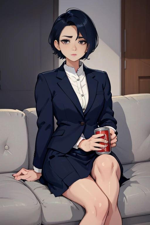 A career woman, 3, wearing a suit、Hairstyle: Short Hair Permanent、Navy blue skirt underneath、With a tired look on his face, he takes out a can of beer from the refrigerator at home and drinks it.、Hold a can of beer in your right hand、Sit deep on the black sofa