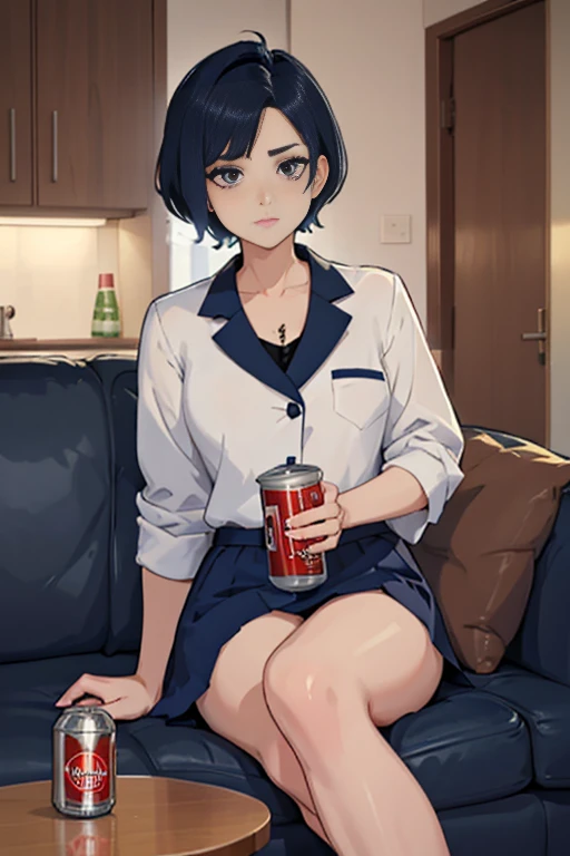 A career woman, 3, wearing a suit、Hairstyle: Short Hair Permanent、Navy blue skirt underneath、With a tired look on his face, he takes out a can of beer from the refrigerator at home and drinks it.、Hold a can of beer in your right hand、Sit deep on the black sofa