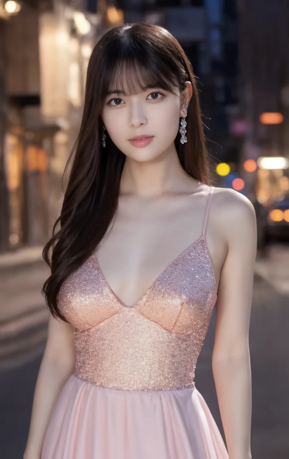 1girl,(wearing a micro pink glittery evening dress:1.2),(RAW photo, best quality), (realistic, photo-realistic:1.4), masterpiece, an extremely delicate and beautiful, extremely detailed, 2k wallpaper, Amazing, finely detail, extremely detailed CG unity 8k wallpaper, ultra-detailed, highres, soft light, beautiful detailed girl, extremely detailed eyes and face, beautiful detailed nose, beautiful detailed eyes,cinematic lighting,city lights at night,perfect anatomy,slender body,(long hair with bangs), big breast, full body:1.4.