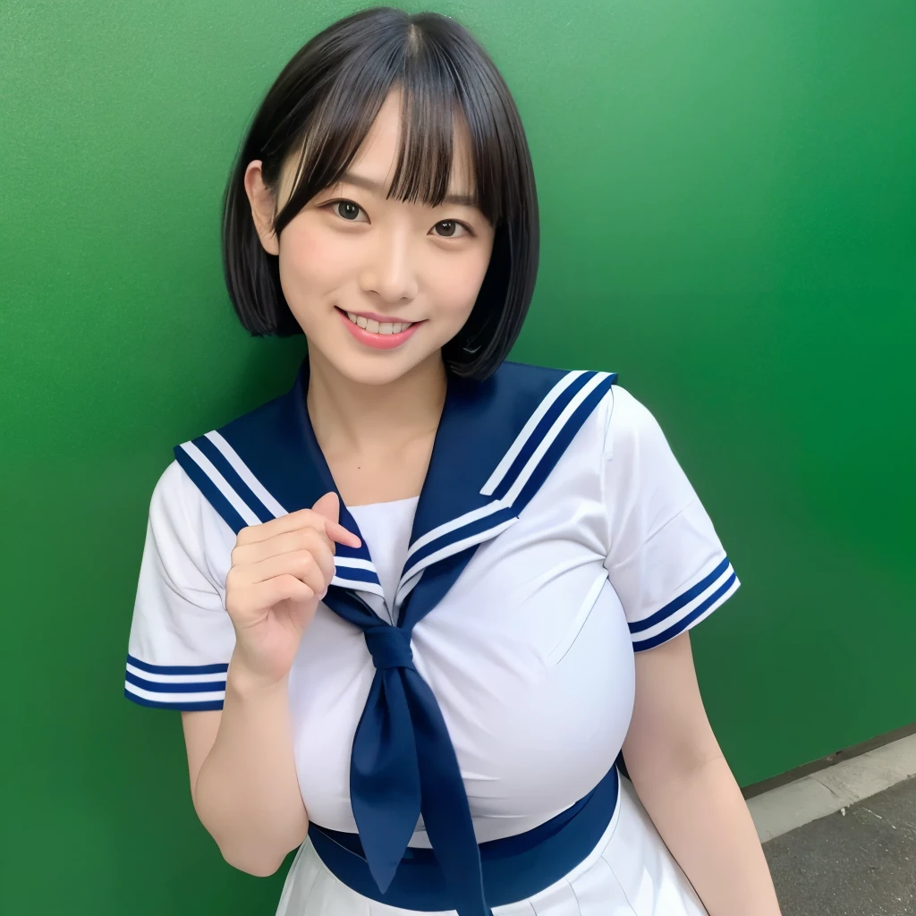 Beautiful woman wearing a sleeveless sailor suit。smiling baby face。short hair。big breasts。Show me your armpit hair。Lots of axillary hair。spread your legs、Show me your crotch。There is a lot of pubic hair。large thighs。In the hallway。