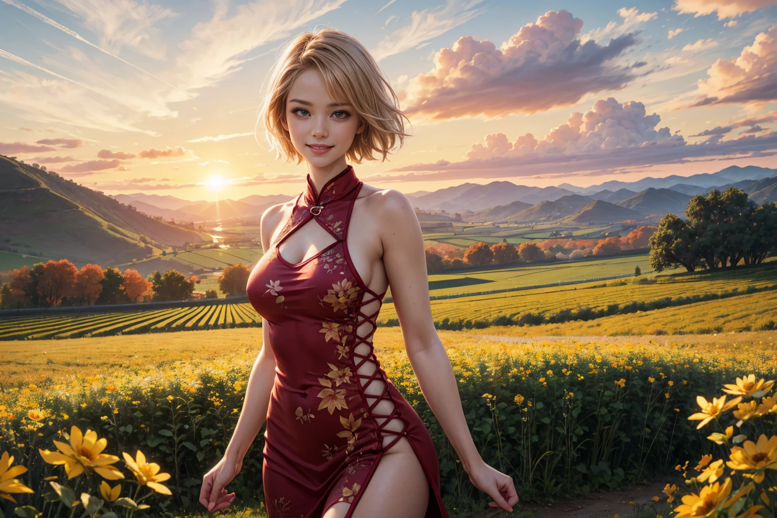 masterpiece, photorealistic:1.4, beautiful  woman,,, happy, smile,    confident,  blond_hair, short_hair, soft cinematic light, extremely detailed artgerm, photorealistic perfect body,detailed skin,beautiful valley, fields, flowers, sky, clouds, sunset,  standing,  
china dress, short red dress, autumn, leaves