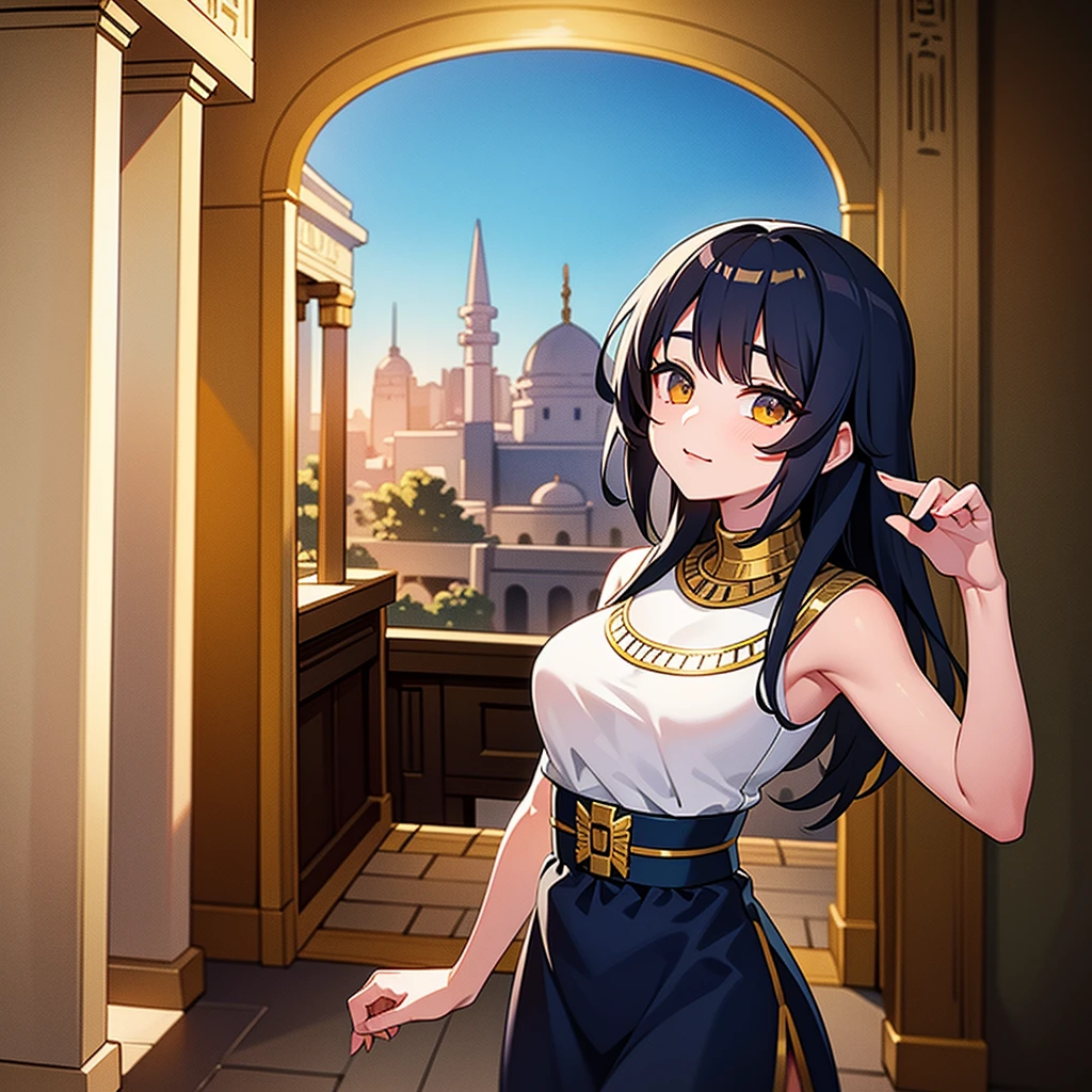 Cute Ancient Egyptian Girl、Inside the temple、Beautiful relief、A colorful view of the whole city