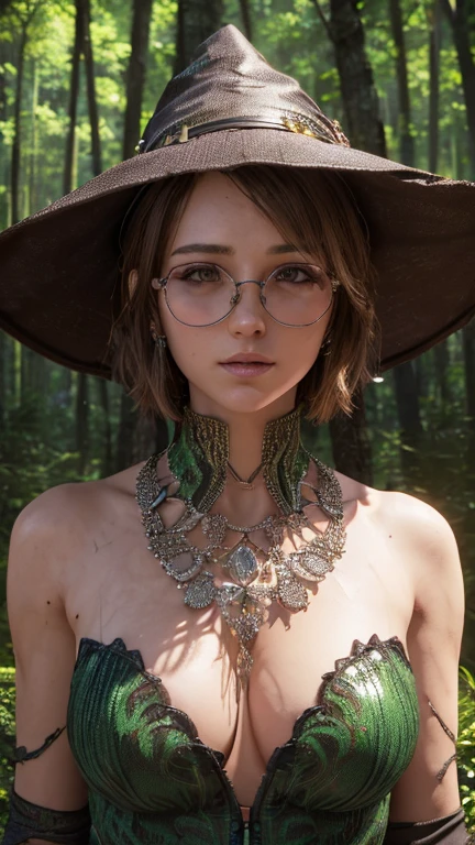 portrait, Close-up, upper body. Short, Red hair, green eyes, metal frame glasses, pointed hat, green strapless witch robe, bare shoulders, sleeves, smile, 15 years. (masterpiece, top quality, Best quality, official art, beautiful and aesthetically pleasing:1.2), extremely detailed,(fractal art:1.2),colorful,The most detailed, (dynamic pose), (forest background:1.5), (Many colors:1.4). ((split. skin texture, Shiny skin. elegance. photorealism. unreal engine. 3D model. Ultra high quality textures. high detail. permission 8k))